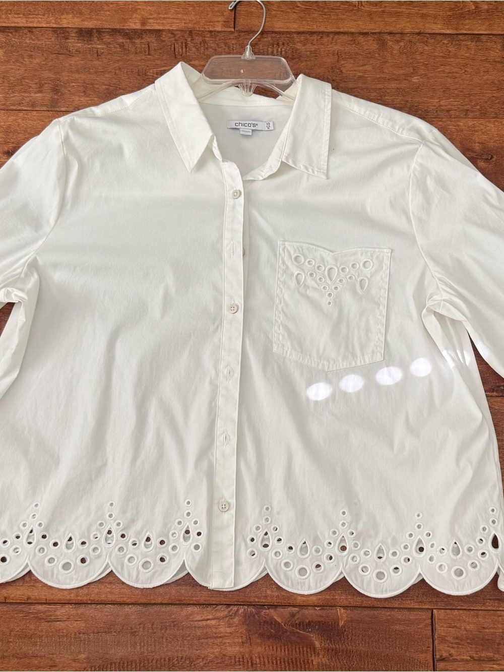 Chico's White Eyelet Scalloped Hem Button-Down Shirt